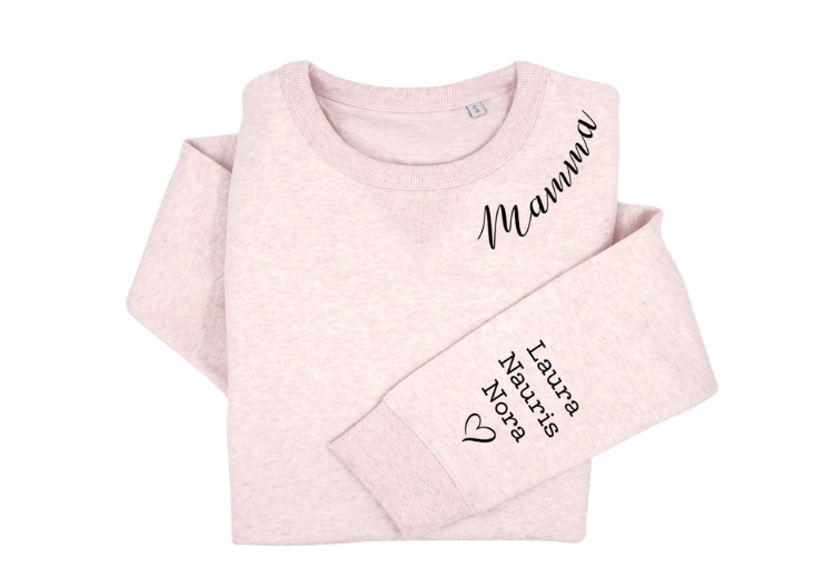 Sieviešu pasteļkrāsas Sully džemperis "Mamma" ar bērnu vārdiem uz piedurknes