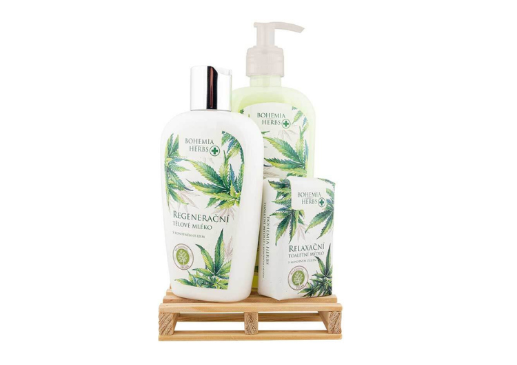 Kosmētikas dāvanu komplekts "Hemp SPA" (šķidrās ziepes 300ml + ķermeņa pieniņš 250ml + ziepes 100g)