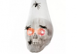 Piekarināms galvaskauss zirnekļa tīklā ar zirnekļiem (ar LED un skaņu)